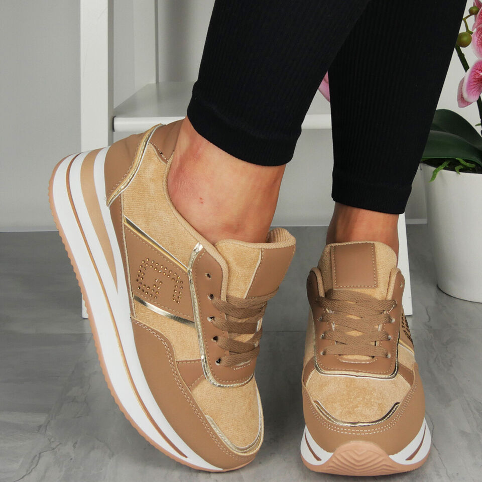 SIENA Camel Wedge Lace Up Classic Pumps Trainers Shoes