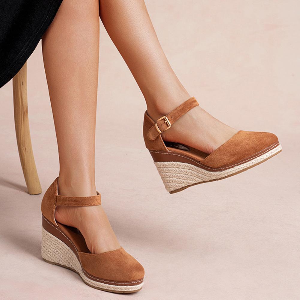 CORISTA Camel Wedge Ankle Slingback Buckle Sandals