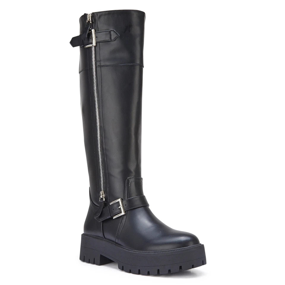 CERI Black Biker Comfy Chunky Heel Goth Zip Rider Mid Calf Boots