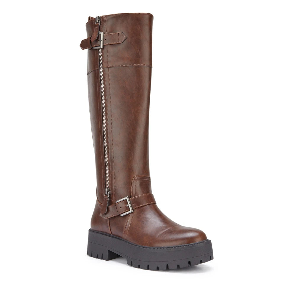 CERI Brown Biker Comfy Chunky Heel Goth Zip Rider Mid Calf Boots