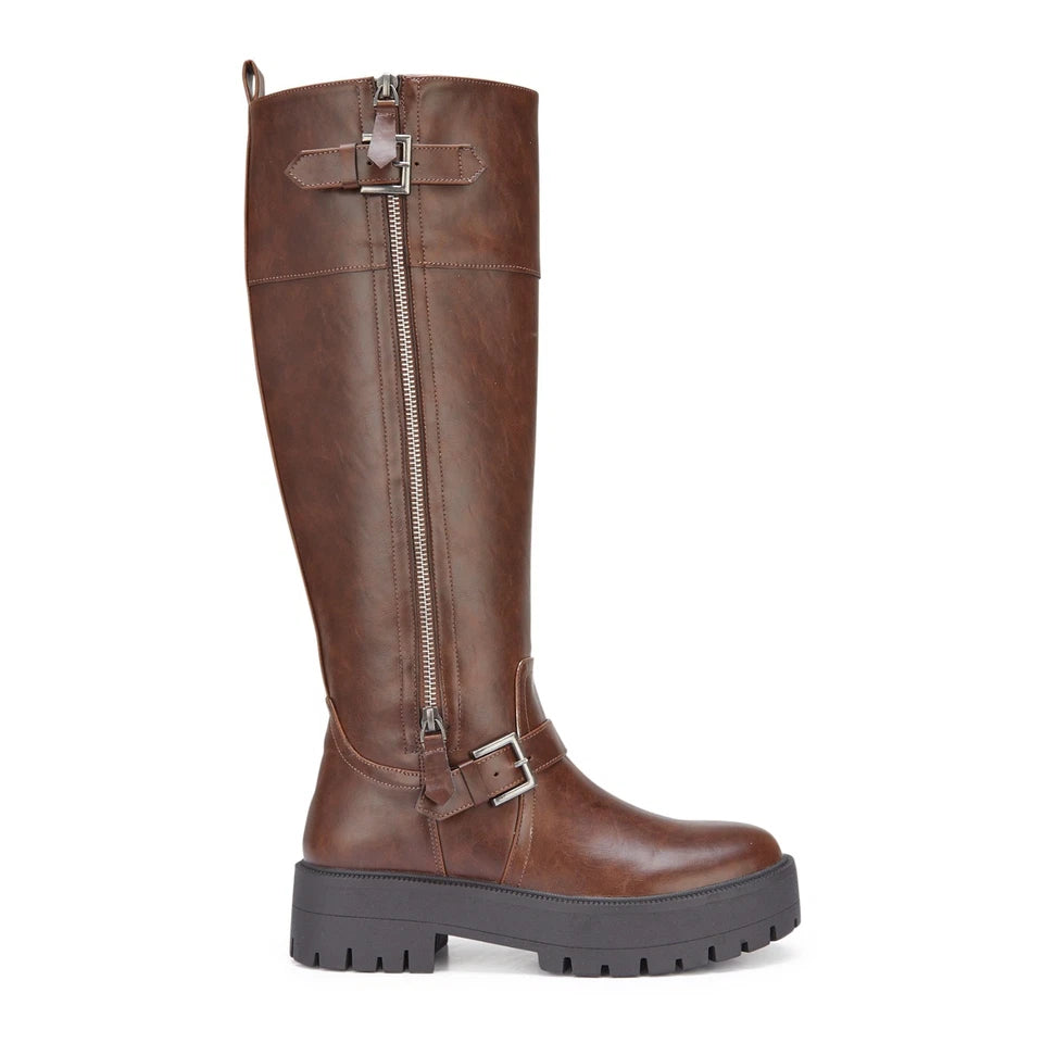 CERI Brown Biker Comfy Chunky Heel Goth Zip Rider Mid Calf Boots