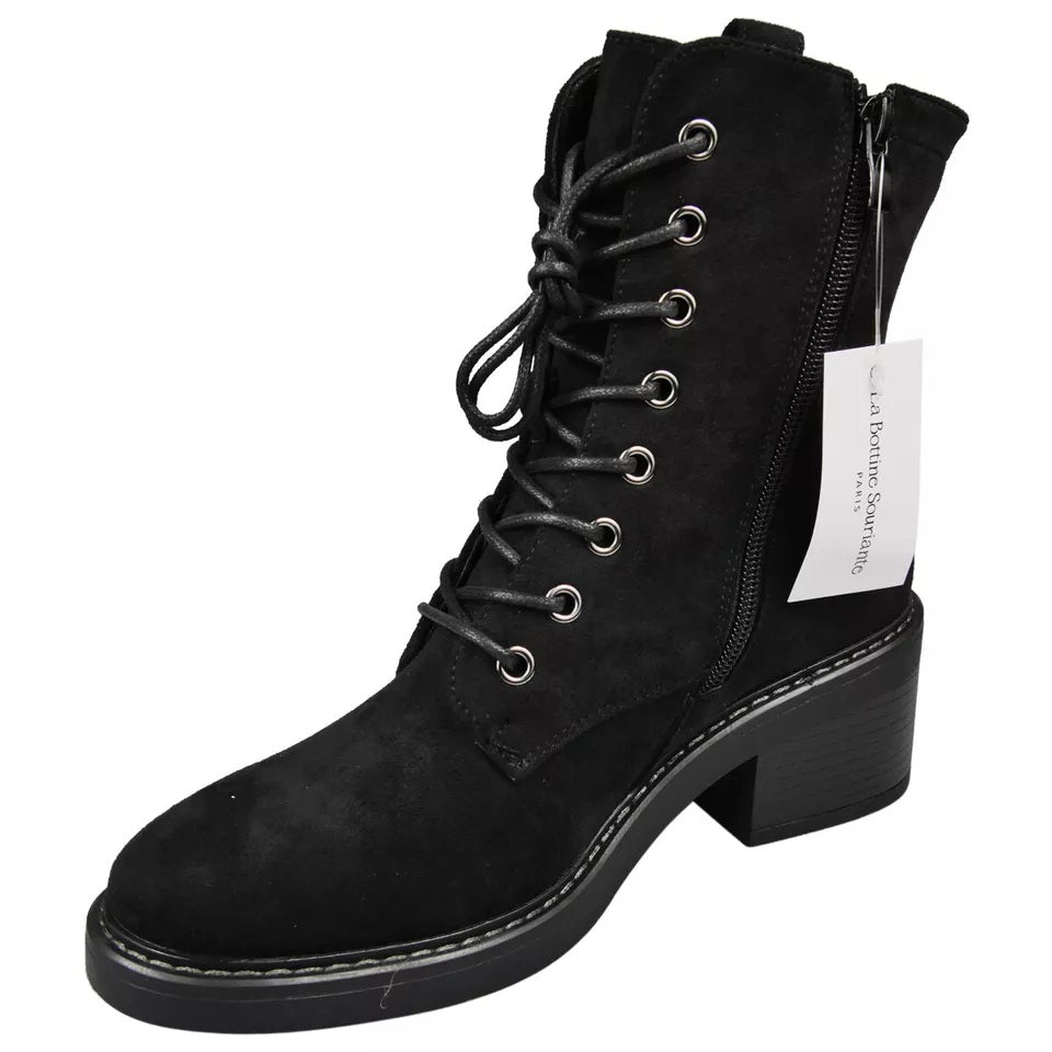 KARLA Black Lace Up Comfy Classy Zip Boots