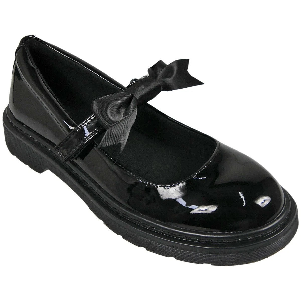 EMMA Black Back To School Patent Grip Bow Work Shoes
