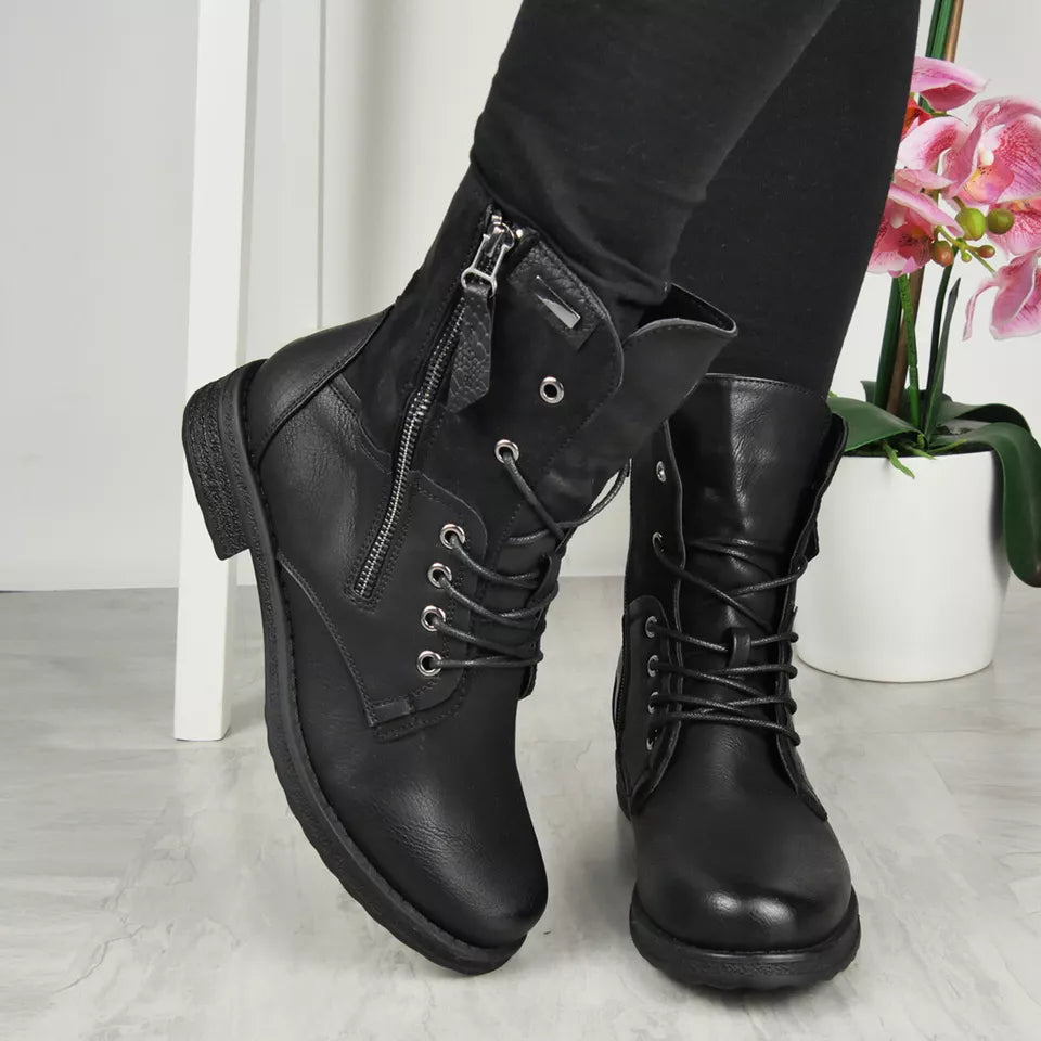 MARIELE Black Lace Up Comfy Warm Ankle Boots