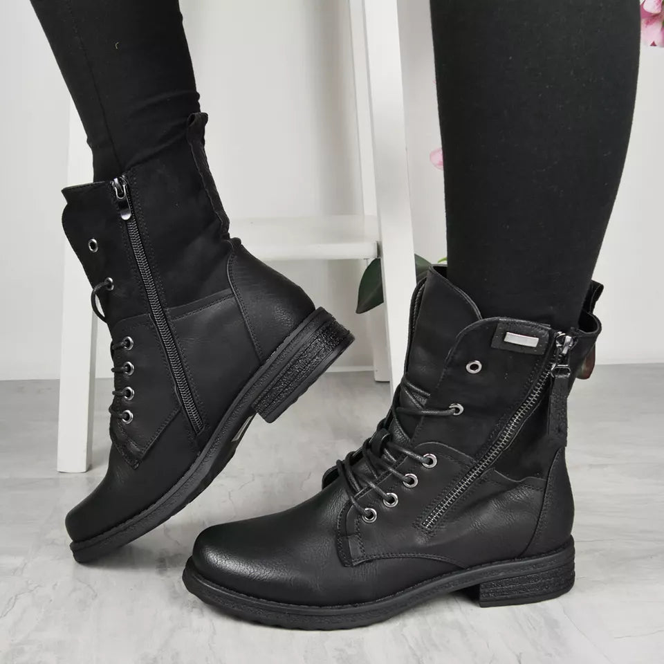 MARIELE Black Lace Up Comfy Warm Ankle Boots