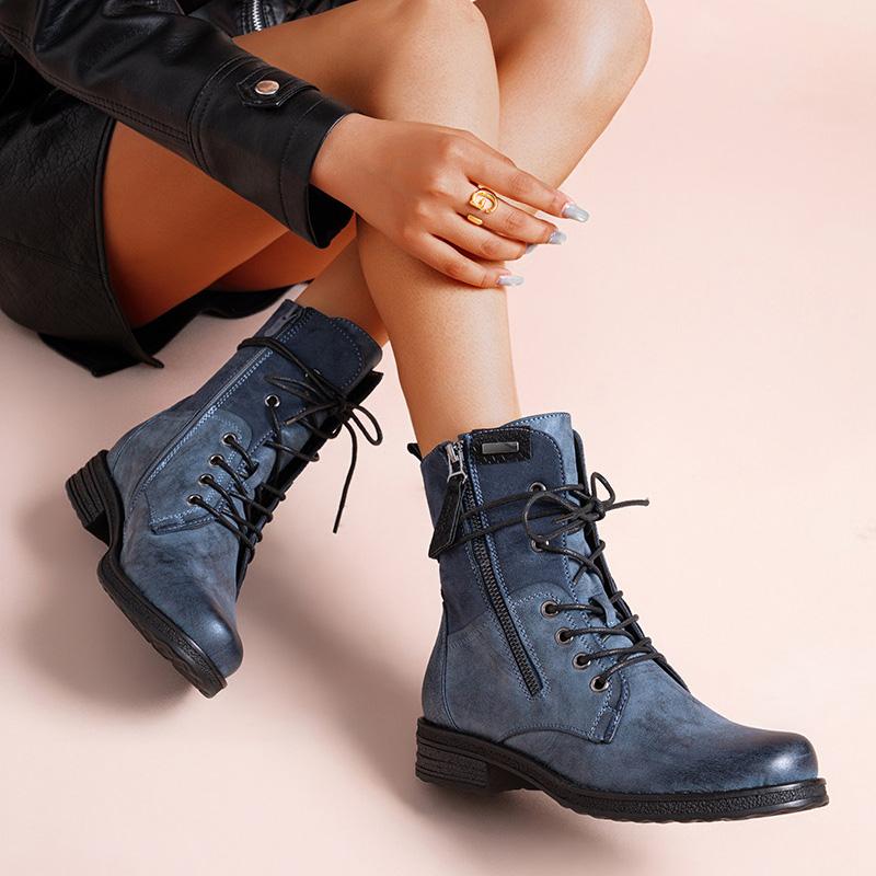 MARIELE Blue Lace Up Comfy Warm Ankle Boots