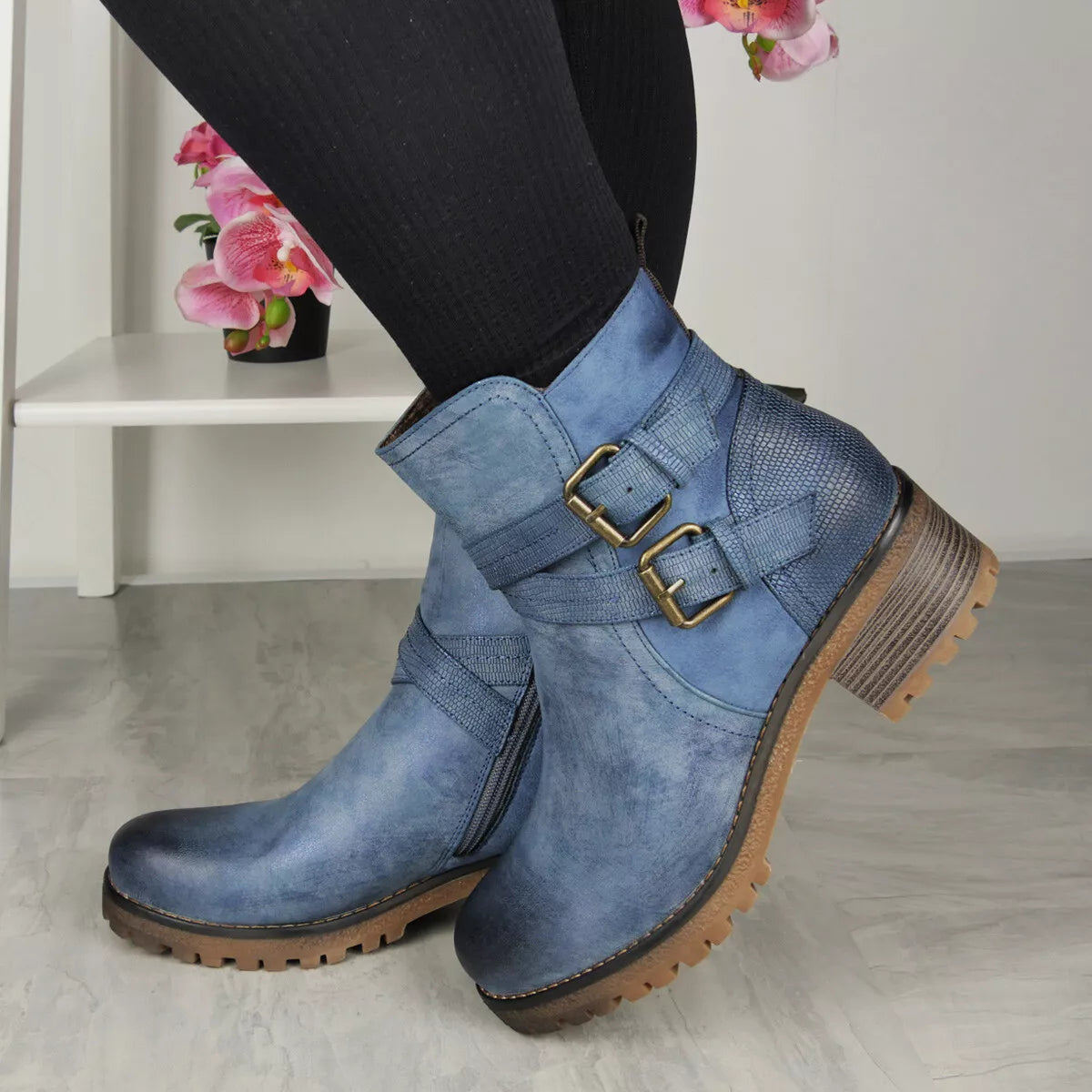 YVONNE Blue Zip Comfy Lined Winter Ankle Boots