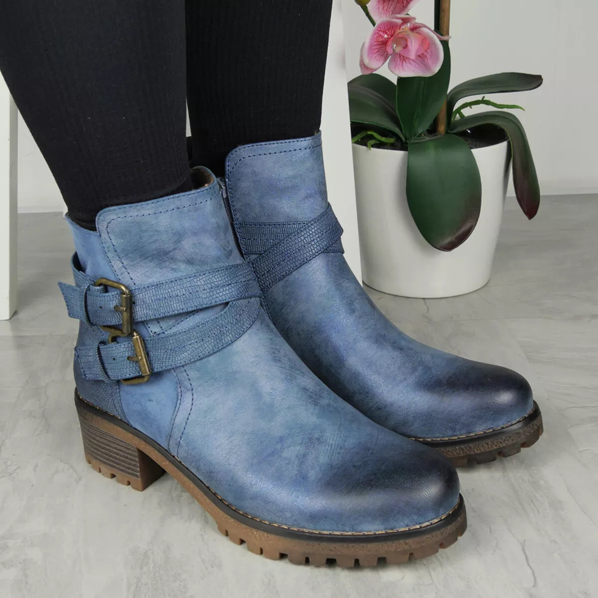 YVONNE Blue Zip Comfy Lined Winter Ankle Boots