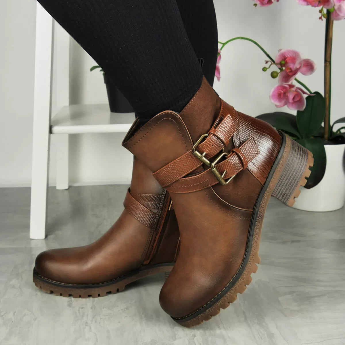YVONNE Brown Zip Comfy Lined Winter Ankle Boots
