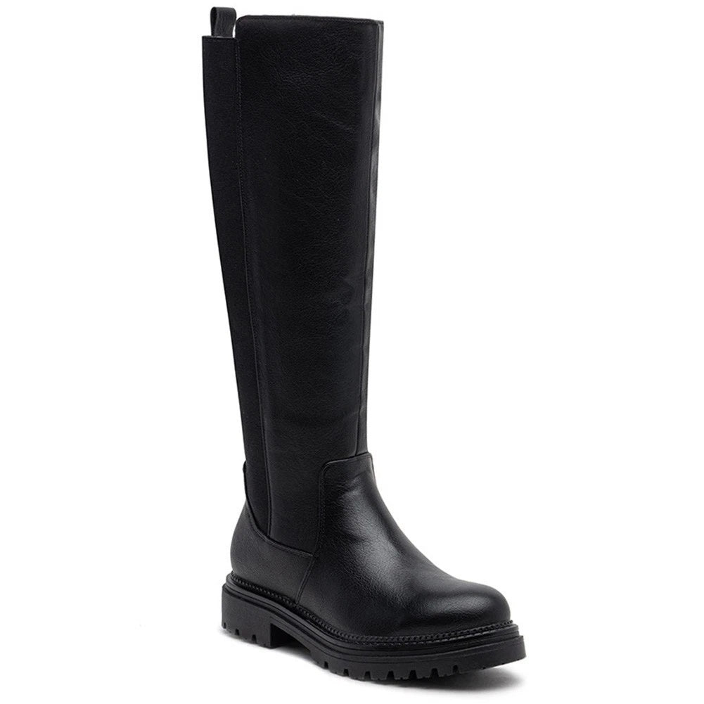 CELINA Black Mid Calf Faux Leather Chunky Heel Comfy Zip Boots