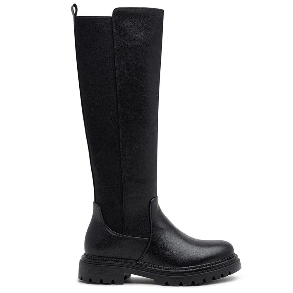 CELINA Black Mid Calf Faux Leather Chunky Heel Comfy Zip Boots
