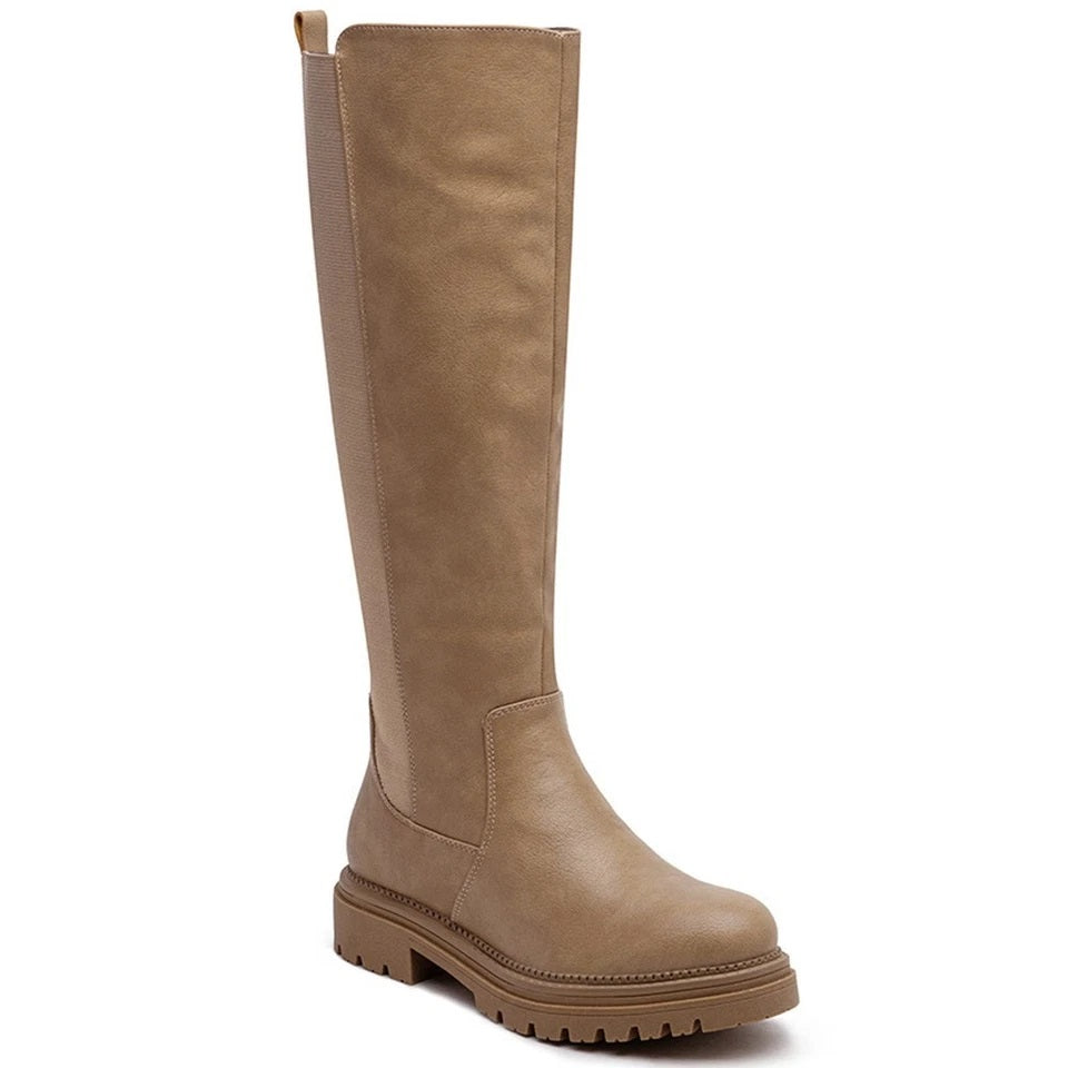 CELINA Khaki Mid Calf Faux Leather Chunky Heel Comfy Zip Boots