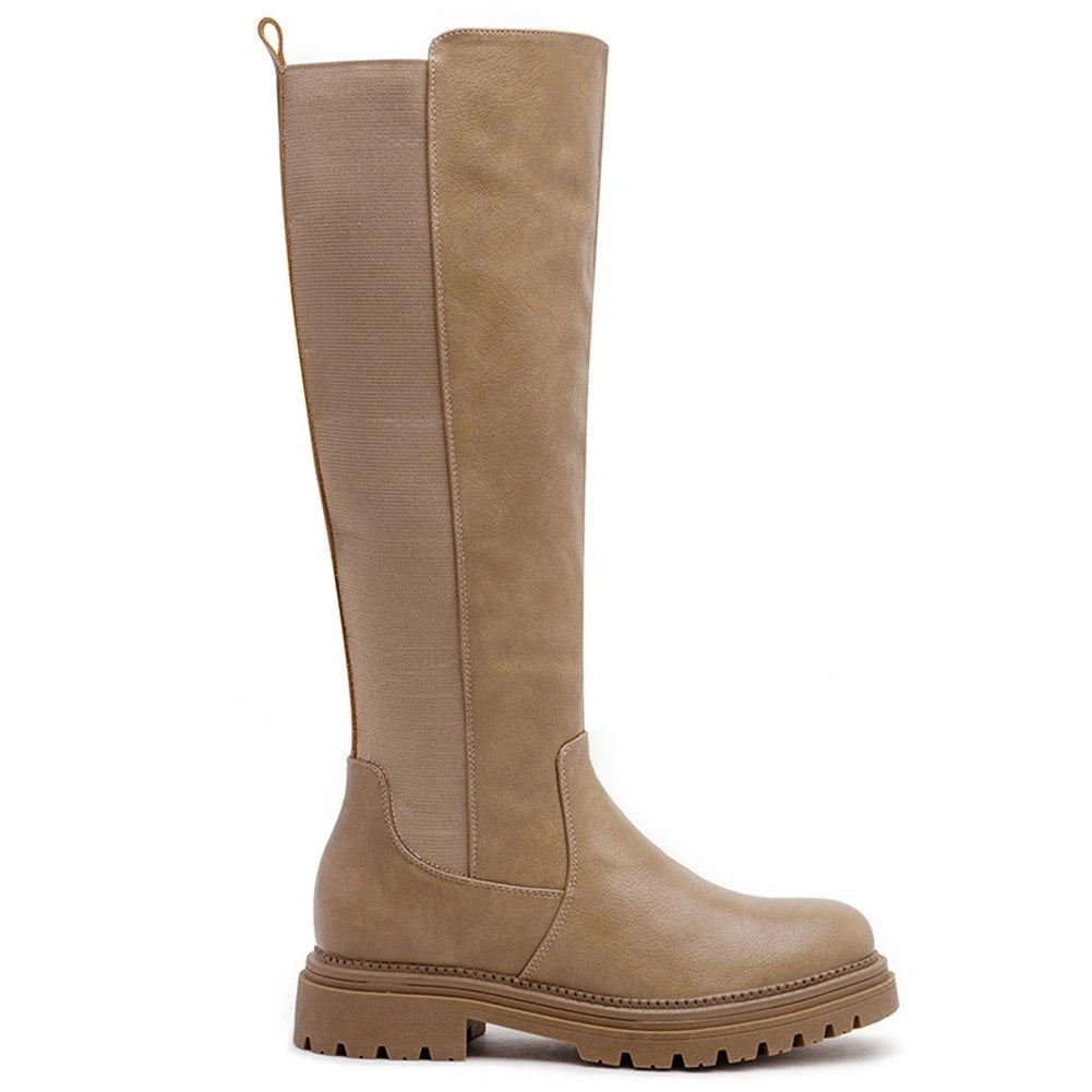 CELINA Khaki Mid Calf Faux Leather Chunky Heel Comfy Zip Boots