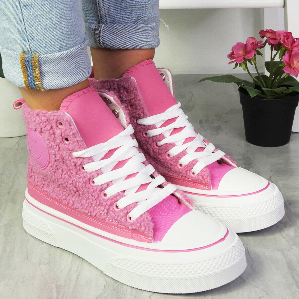 ELEANORE Fuchsia Platform Fleece Canvas Lace Up Comfort Trainers