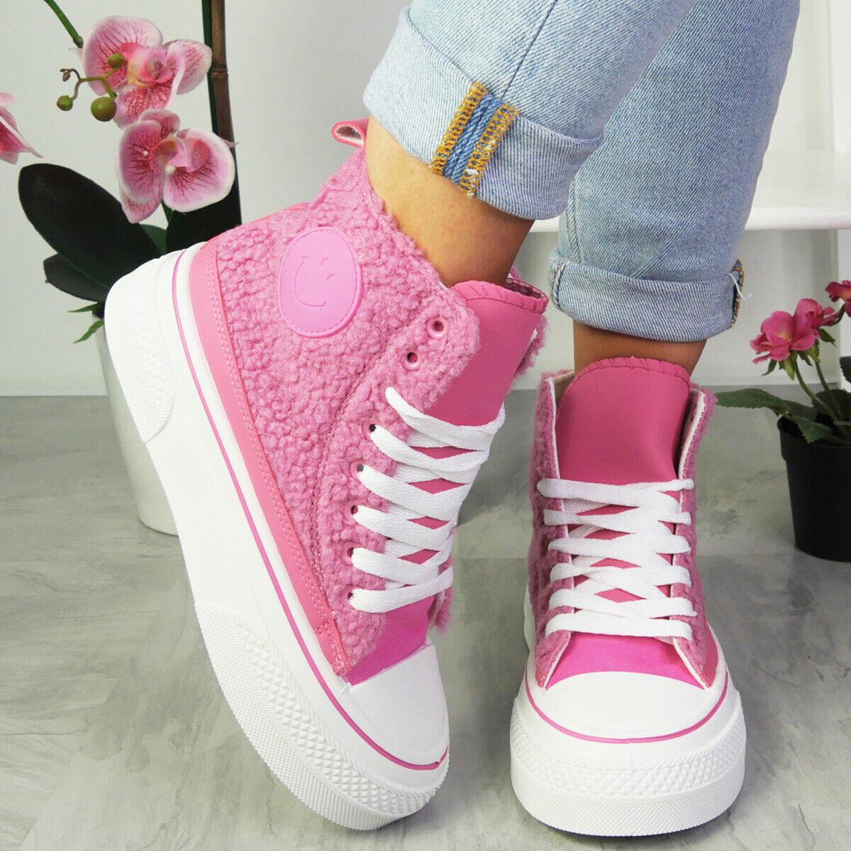 ELEANORE Fuchsia Platform Fleece Canvas Lace Up Comfort Trainers