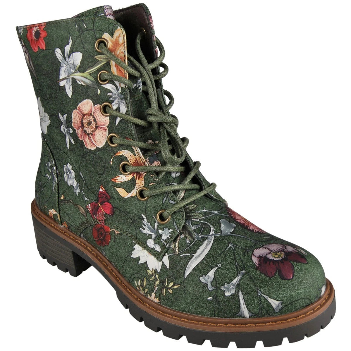 WREN Green Floral Lace Up Comfy Zip Army Warm Ankle Boots