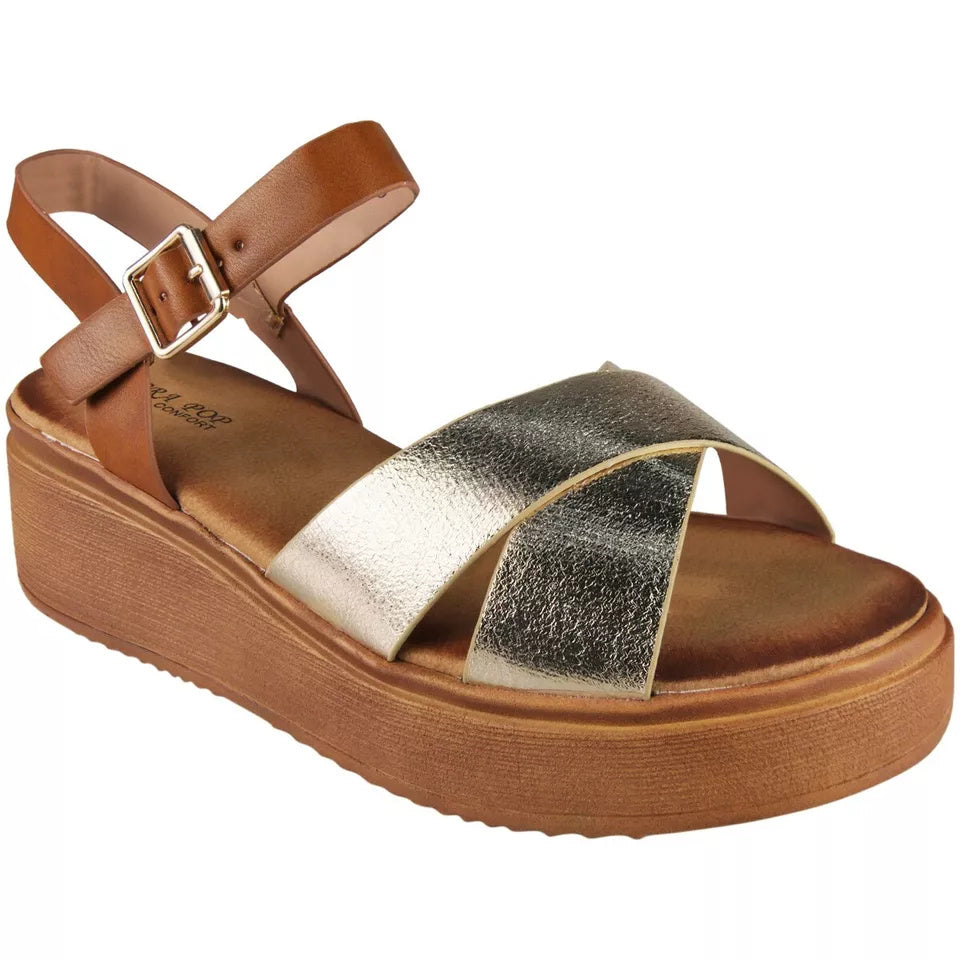 SKYLA Gold Wedges Cushioned Open Toes Sandals