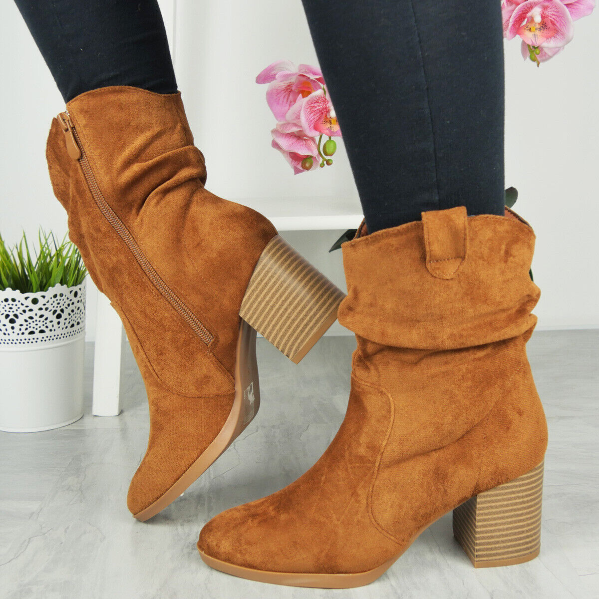 MELISSA Camel Rouched Zip Mid Calf Cowboy Boots