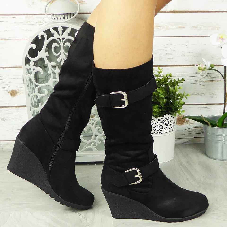 "GERARDA" Black Wedge Heel Mid Calf Boots