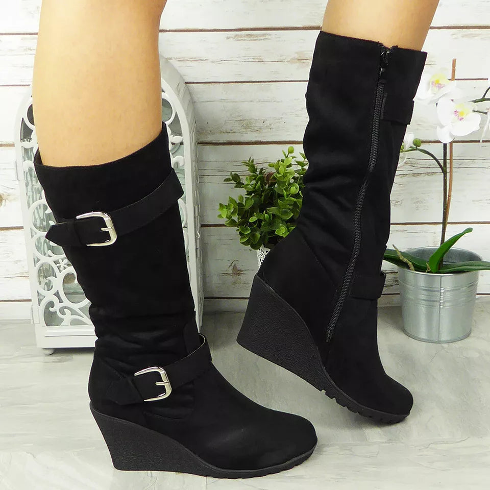 "GERARDA" Black Wedge Heel Mid Calf Boots