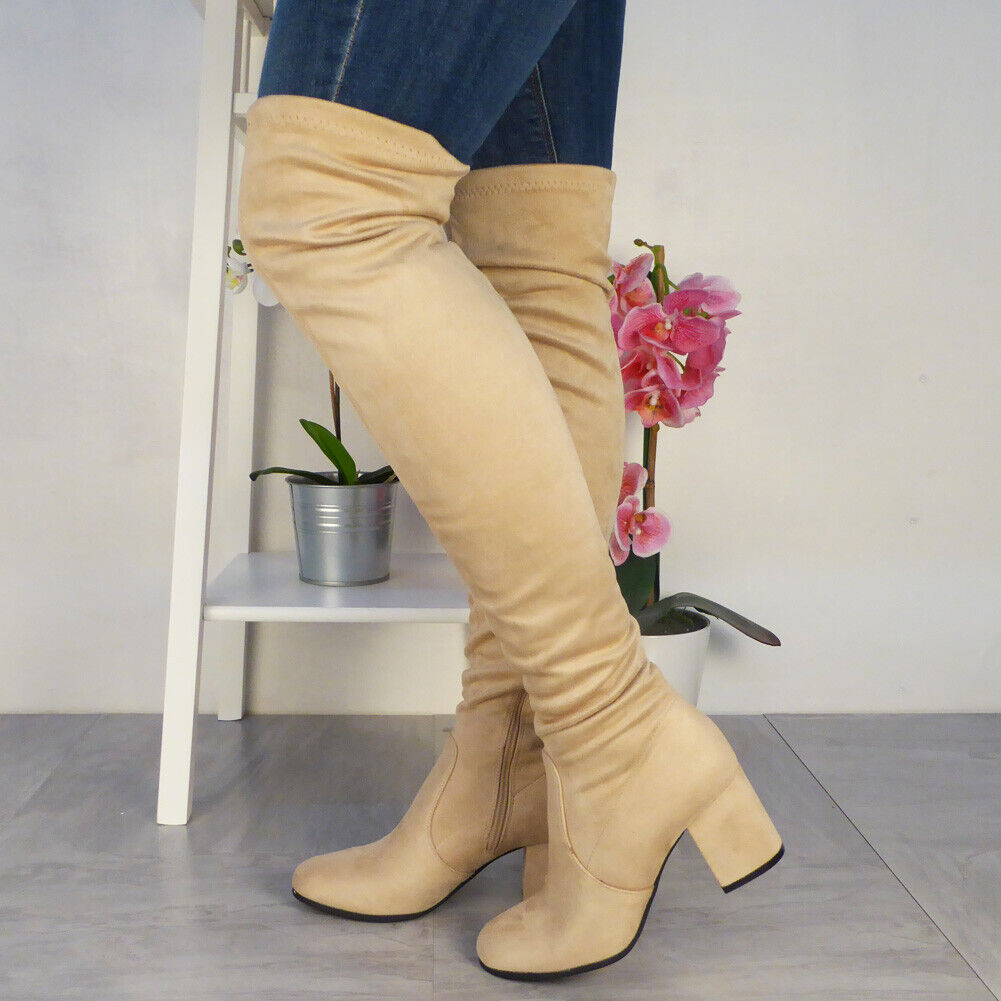 SULLY Beige Thigh High Mid Heel Boots