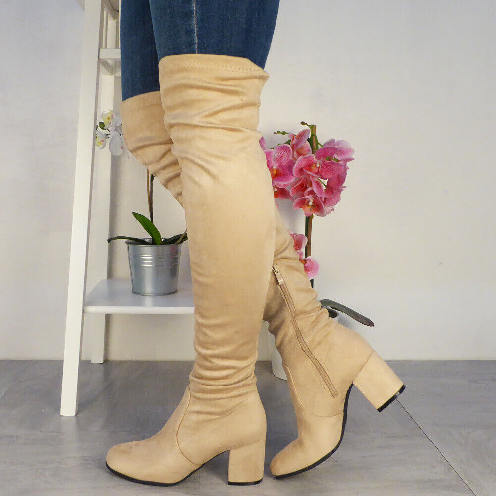 SULLY Beige Thigh High Mid Heel Boots