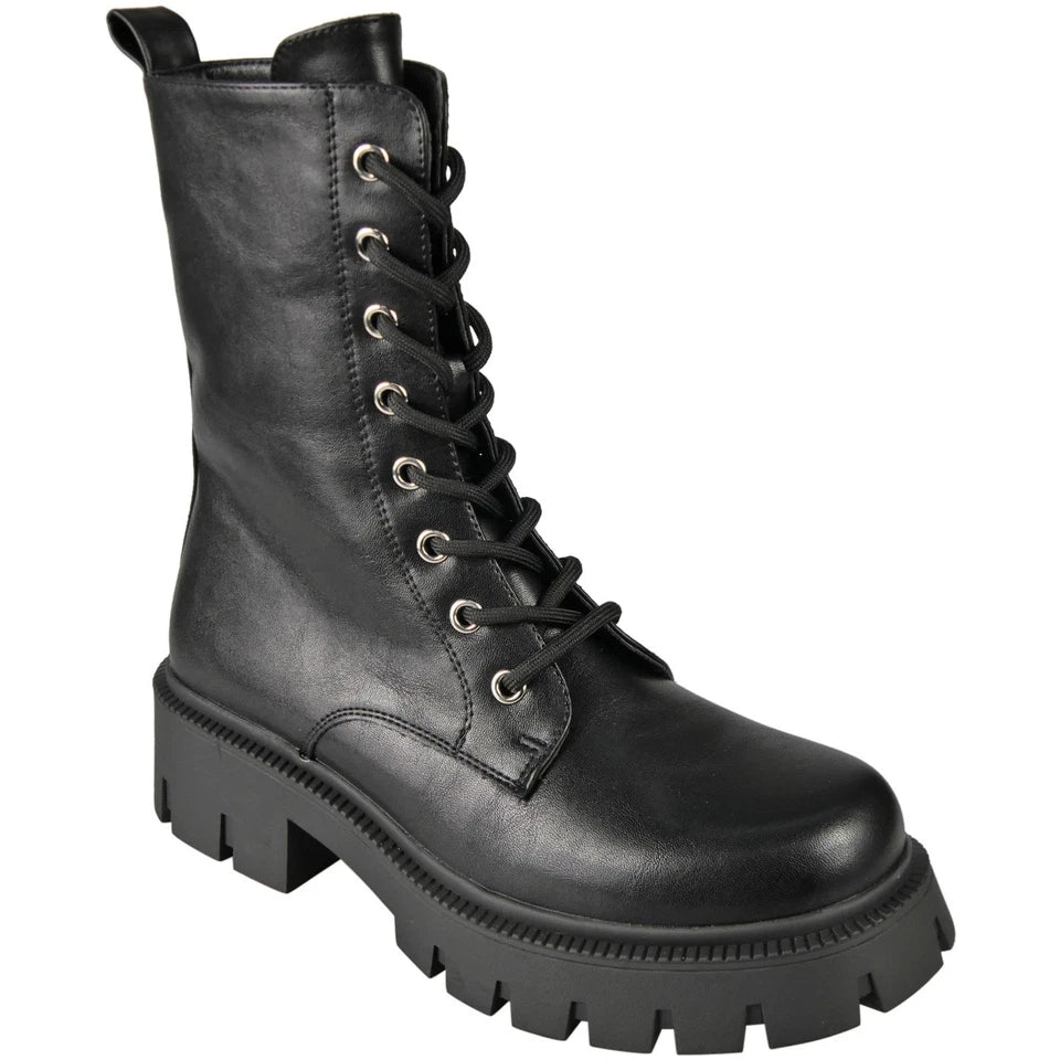 LILIAS Black Punk Goth Lace Up Biker Military Mid Calf Boots
