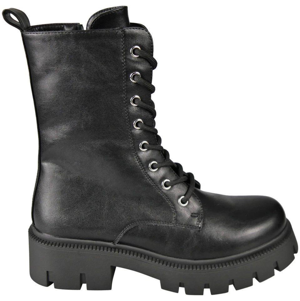 LILIAS Black Punk Goth Lace Up Biker Military Mid Calf Boots