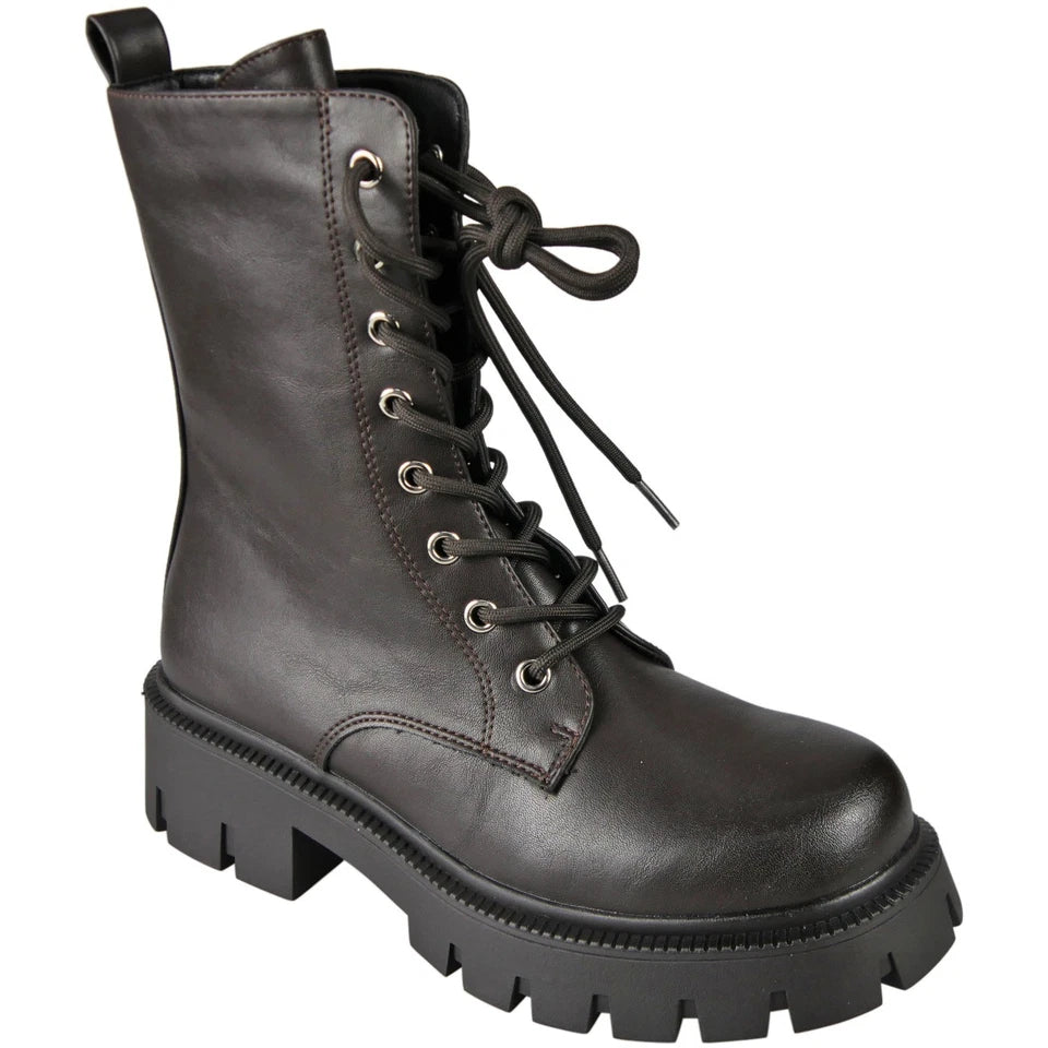 LILIAS Brown Punk Goth Lace Up Biker Military Mid Calf Boots
