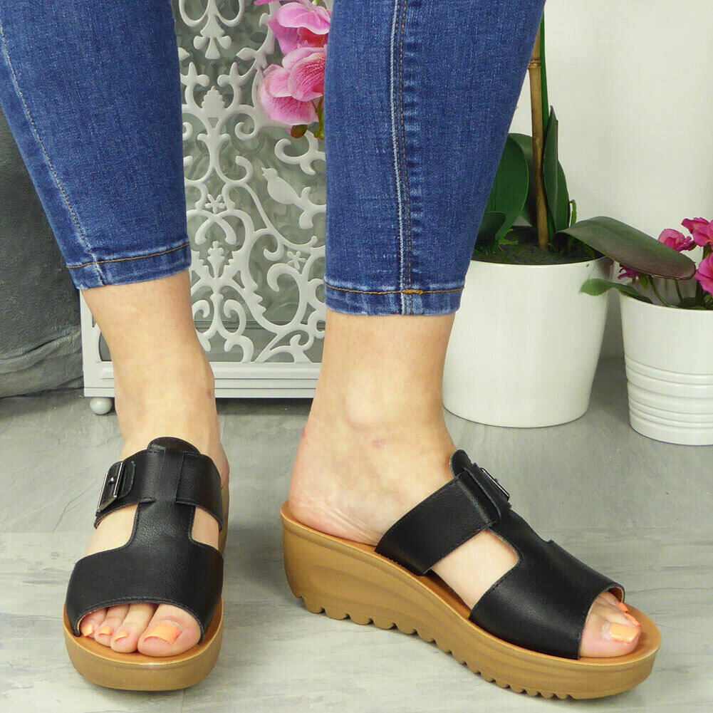 DOMINIQUE Black Mules Sliders Slipper Slip On Sandals