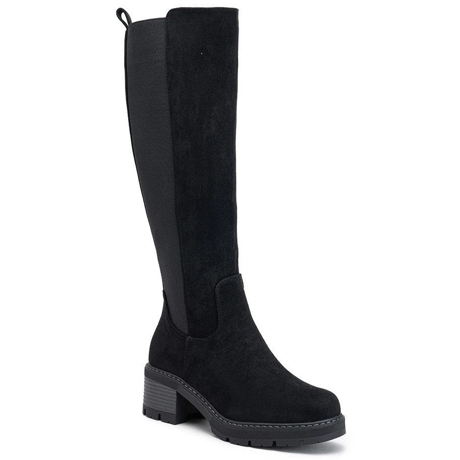 ELSIE Black Mid Calf Faux Suede Zip Casual Boots