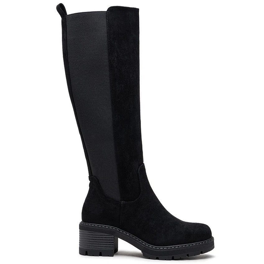 ELSIE Black Mid Calf Faux Suede Zip Casual Boots