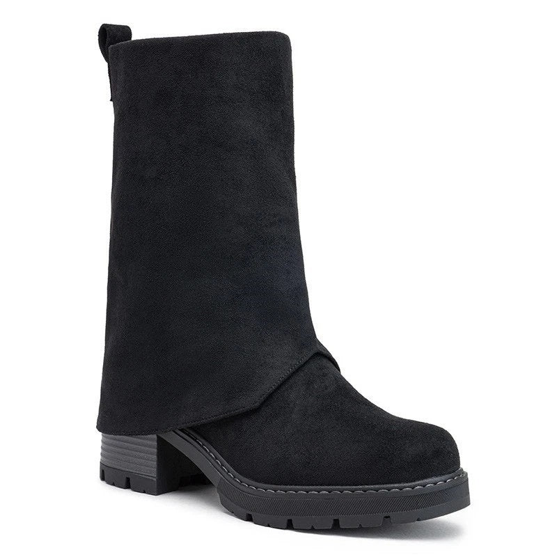 JENNA Black Faux Suede Hooded Zip Mid Calf Boots