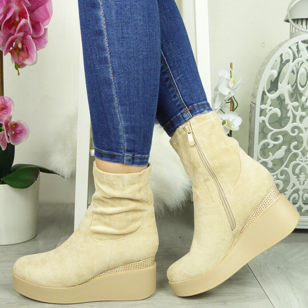BRANDONA Beige Mid Calf Stretch Zip Boots