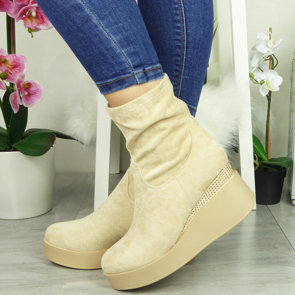 BRANDONA Beige Mid Calf Stretch Zip Boots