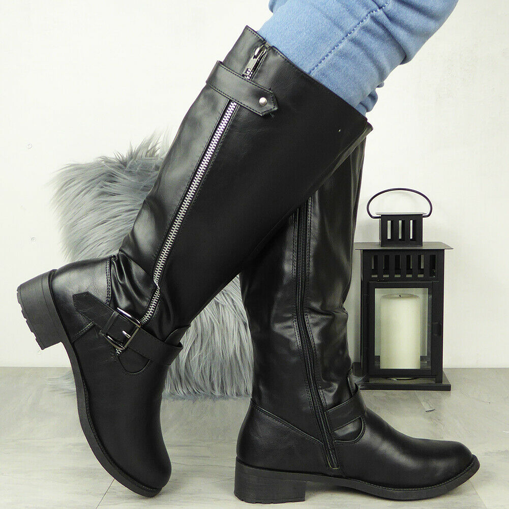 NITI Black Mid Calf Biker Zip Boots