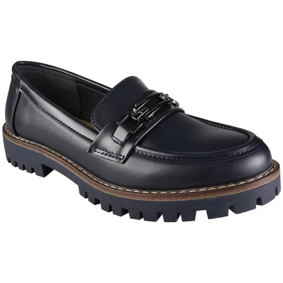 CARTER Navy Chunky Heel Slip On Loafers Shoes