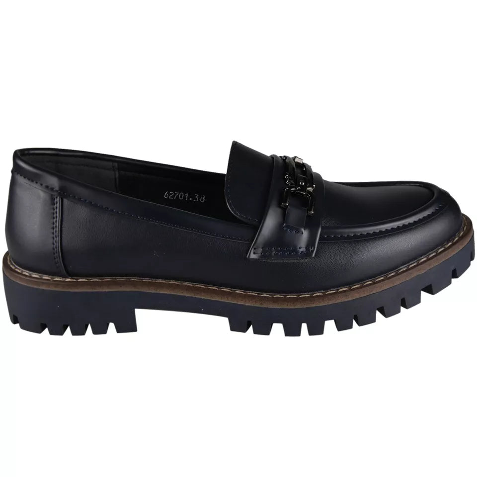 CARTER Navy Chunky Heel Slip On Loafers Shoes