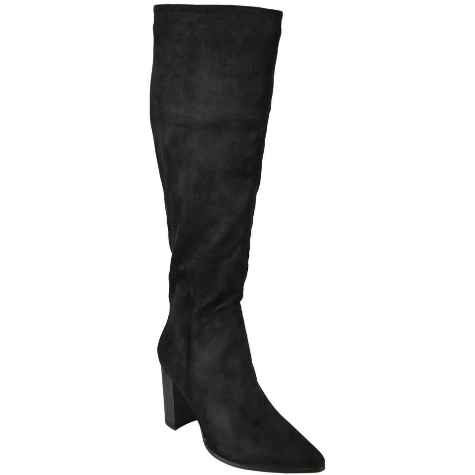 ELZINI Black Knee High Wide Calf Pointed Winter Zip Boots