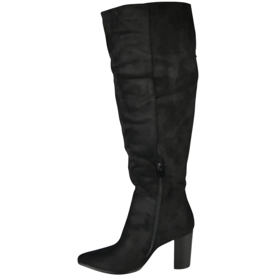 ELZINI Black Knee High Wide Calf Pointed Winter Zip Boots