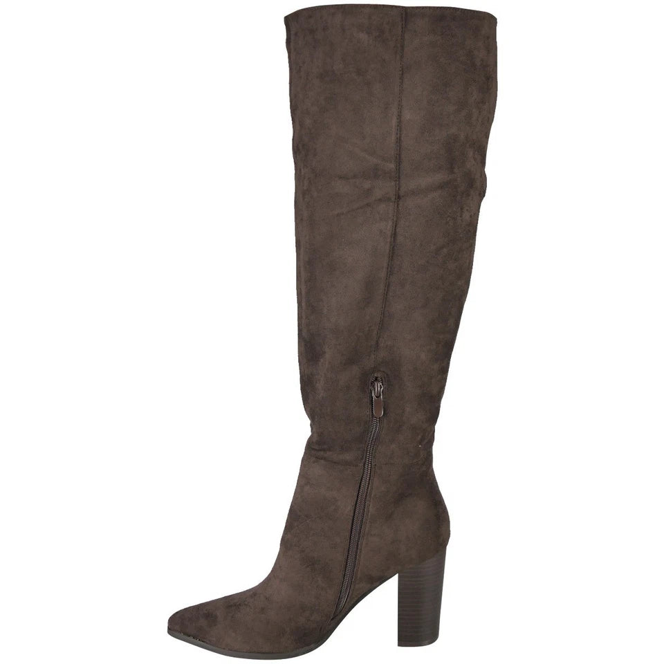 ELZINI Brown Knee High Wide Calf Pointed Winter Zip Boots