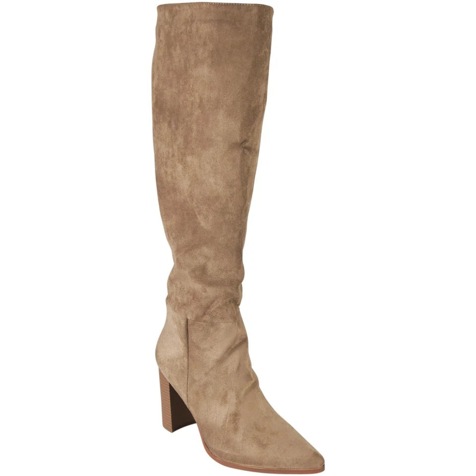 ELZINI Khaki Knee High Wide Calf Pointed Winter Zip Boots