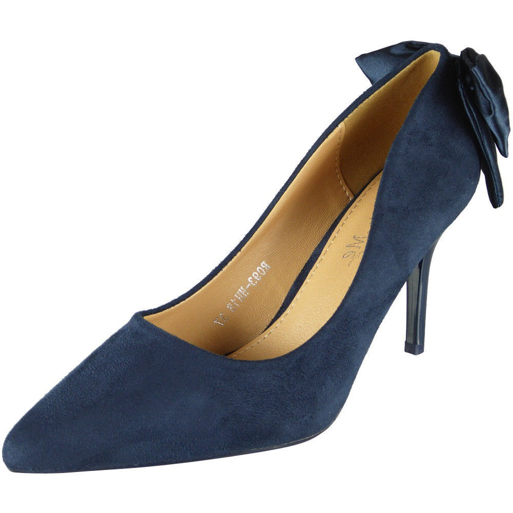 Janey Blue Pointy Court Casual Bow Shoes