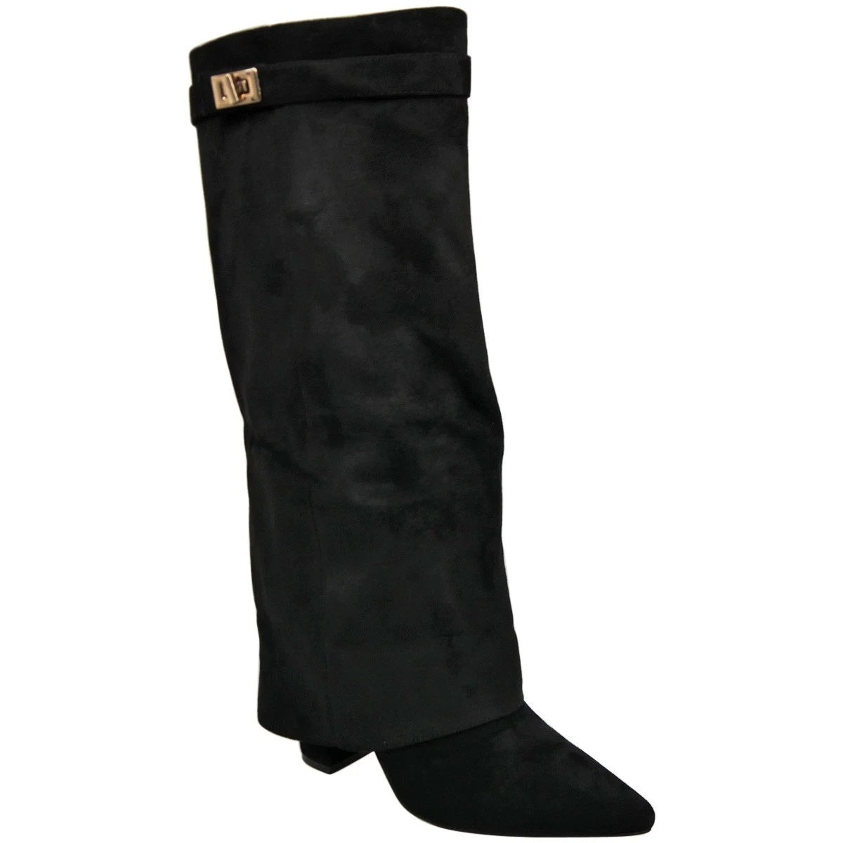 MAGGIE Black Suede Fashion Zip High Heel Hooded Boots