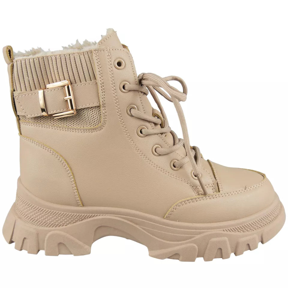 SHEILA Beige Platform Ankle Zip Lined Boots