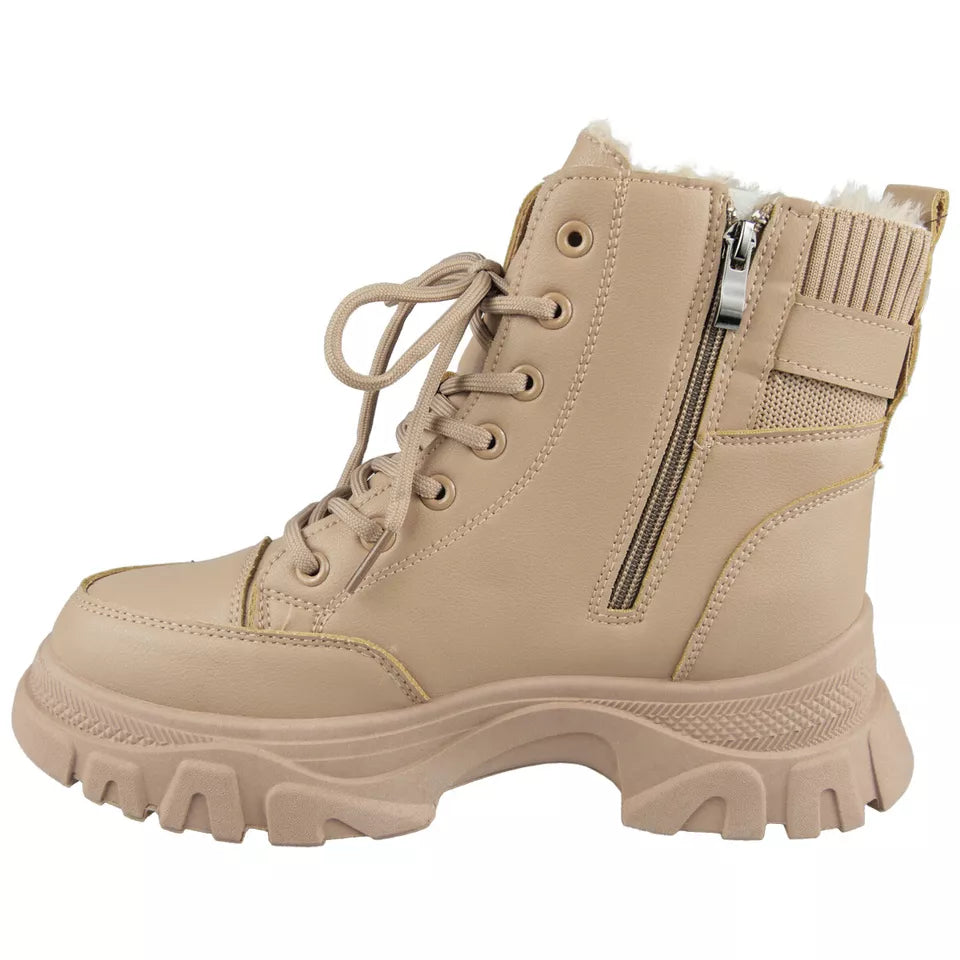 SHEILA Beige Platform Ankle Zip Lined Boots