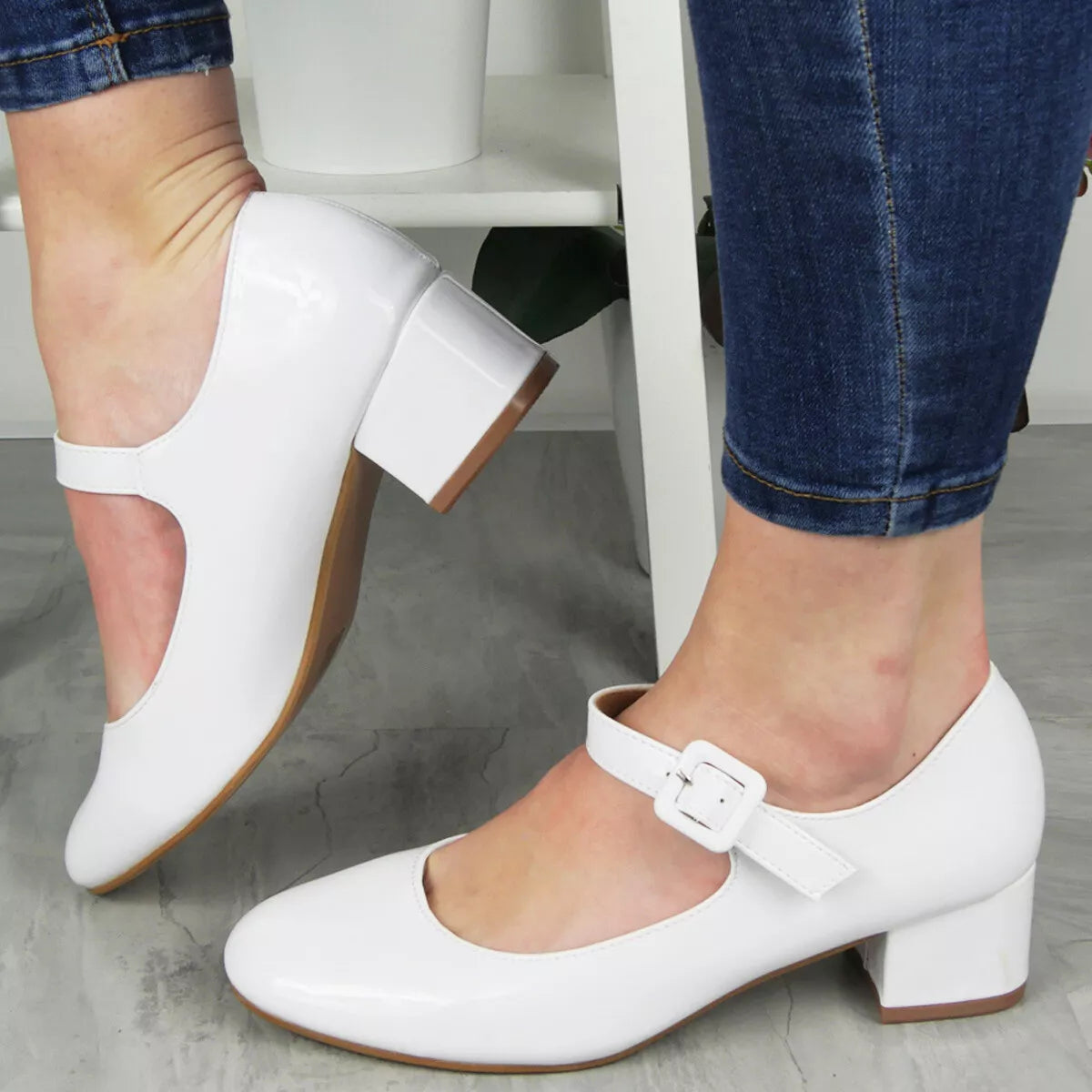 BIANCA White Dance Court Dolly Buckle Casual Shoes