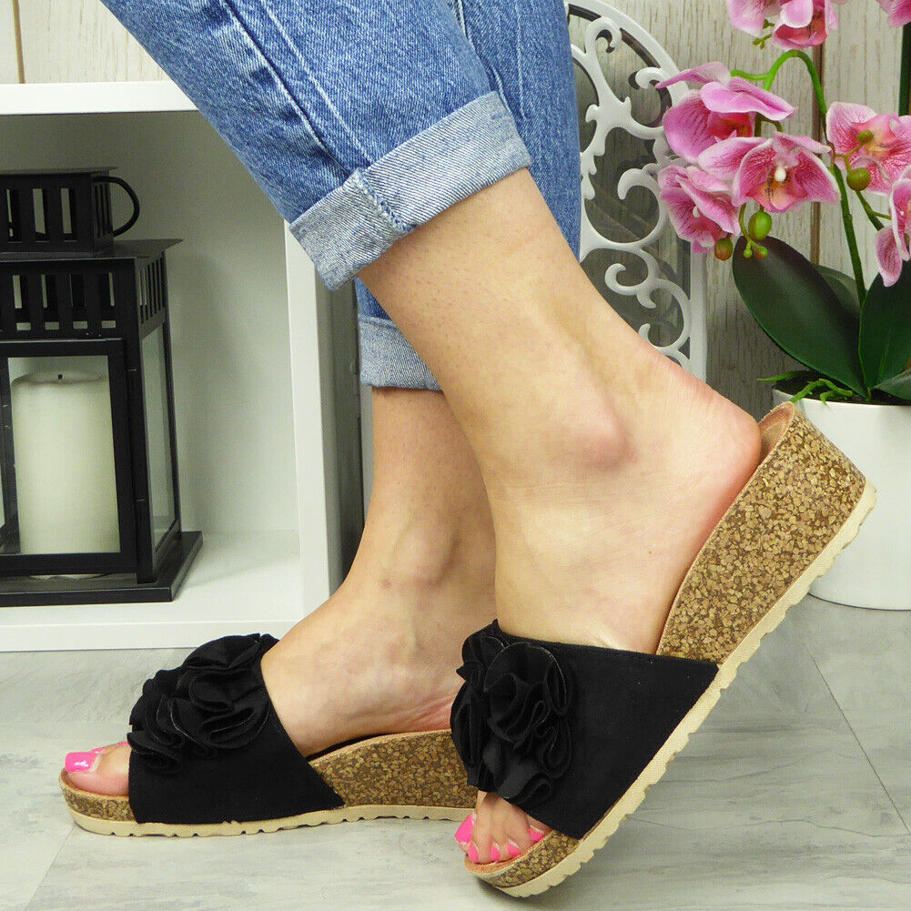ROXI Black Mules Sliders Wedge Shoes