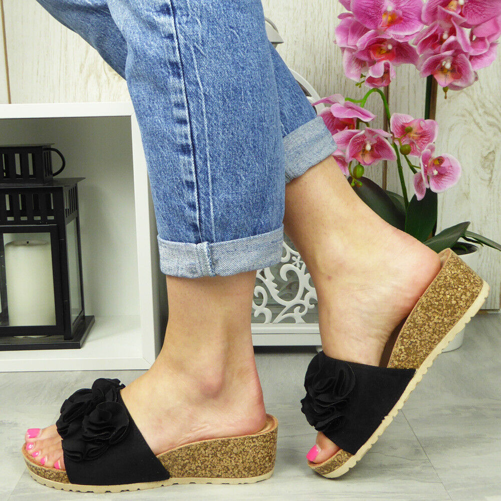 ROXI Black Mules Sliders Wedge Shoes