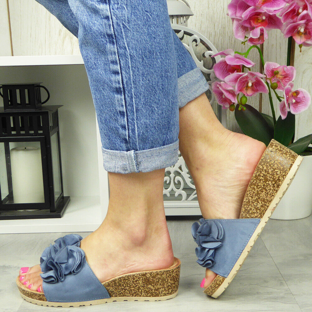 ROXI Blue Mules Sliders Wedge Shoes